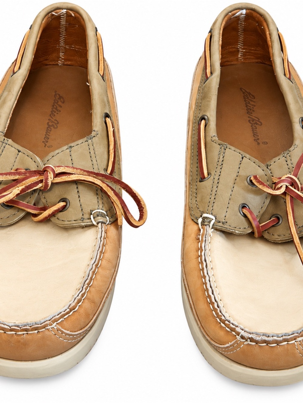 Eddie Bauer Men’s Size 9 Leather Boat Shoes Tan Cream Moc Toe